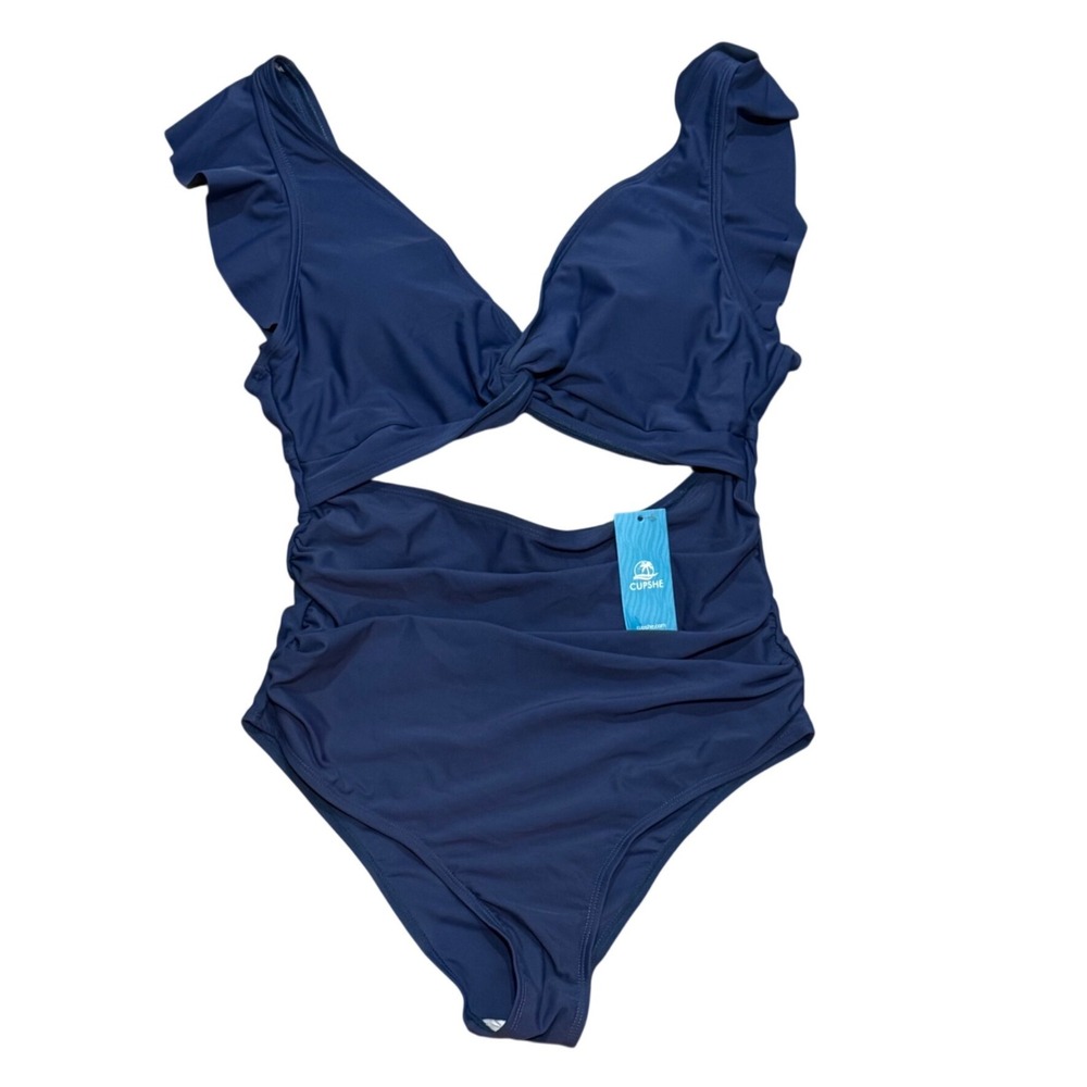 Cupshe One Piece Swimsuit Women Medium Navy Blue NWT Ruffle Cut-Out Ruched Twist